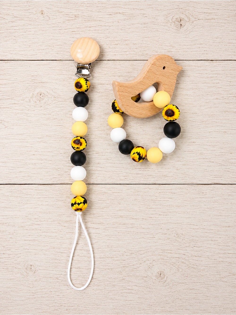 Wooden Bird Teething Toy and Pacifier Clip Set - sunflowers